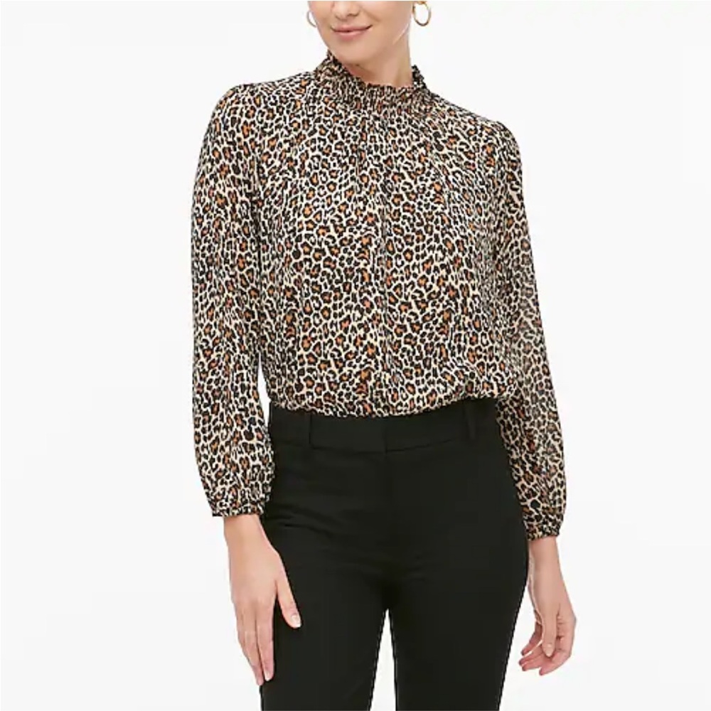 J Crew Leopard Smocked Shirt, Color Tiber Leopard Black Khaki, Size XXS, NWT